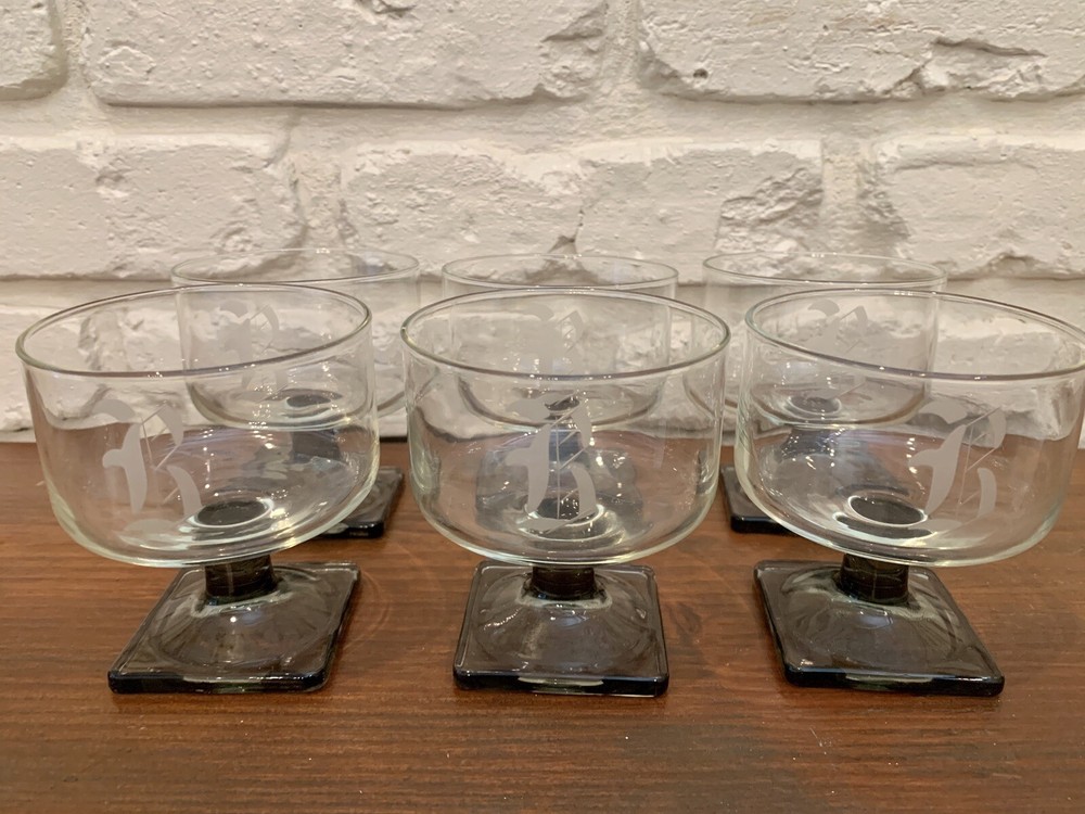 Grey Square Base Brandy Cocktail Glasses. MCM. 196os. Set Of 6 “B” Monogram