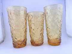 3 Anchor Hocking Tumblers Amber Milano Crinkle Glass Pattern 12oz and 8oz