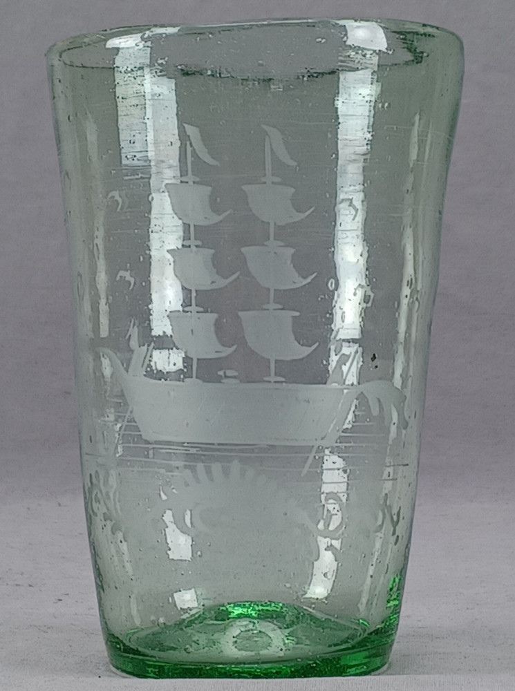 Vintage Continental Stiegel Style Reproduction Engraved Ship Pontiled Flip Glass