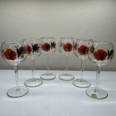 Poppy & Butterfly Stemmed Wine Glasses Gold Rim Hand-Painted Vtg Romania Boho