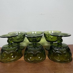 Vintage Bartlett-collins Bullseye Cane Avacado Green Glass Low Sherbet 6 Pc Set