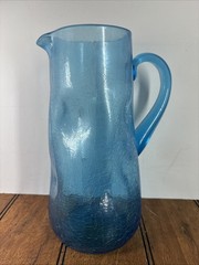 Blenko Pitcher Glass Blue Crackle Dimple Pinched Vintage Kitchen Cobalt