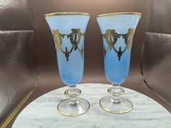 Interglass Italy Medici 24K Set Of 2 Goblets Turquoise Blue 7.5″ Alabaster RARE