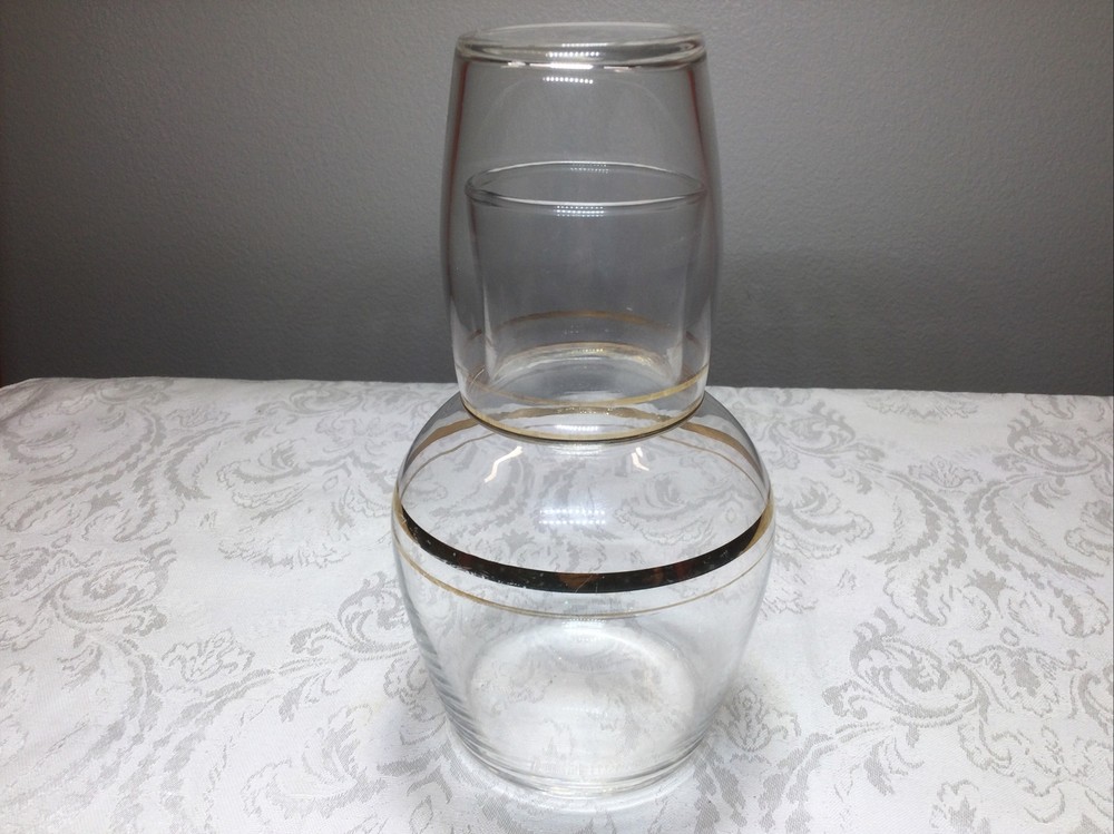 Vintage Tumble Up Carafe & Libbey Tumbler Bedside Water Clear Glass Set 7″