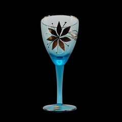 Vintage Aqua Blue Frosted Wine Glasses Gold Floral Set of 3 Mid Century