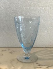 Fostoria Glass June Etched Azure Blue Footed Juice Glass, 4 3/8” High