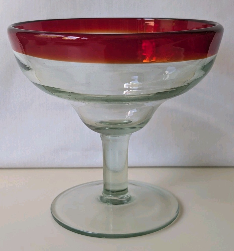 Hand Blown Margarita Glass w Ruby Red Rim