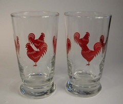 2 Vintage Strong Red Rooster Juice Drinks 5″ H. Glass Tumblers Century Farmhouse