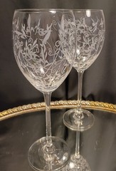 2 Tall Lacy White Scroll Etched Wine Glasses Goblets Pair Set