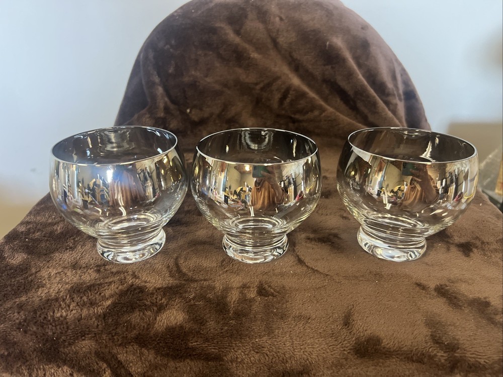 Lot Of 3 Silver Fade Wide Band Double Old Fashion Glasses Footed