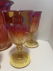 VTG Indiana Heirloom Cadmium Glass Amberina Iridescent Pitcher&6 Goblets Set EUC