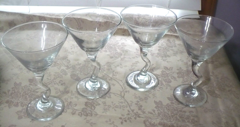 Libbey Z STEM MARTINI GLASSES CROOKED STEM ZIG ZAG CLEAR 6.5″ TALL SET of 4