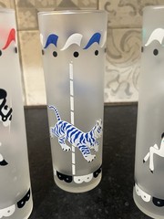 Vintage MCM c.1950 s Libbey Frosted Glass Circus Animals Carousel 3Tumblers