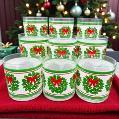 VTG Hallmark Christmas Wreath Holly Bow Old Fashioned Rocks Tumbler Glass Set 9