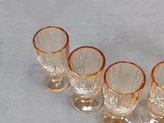 Bohemian Hand Enameled White Floral Optic Molded Amber Glass Liquor Cordial Set
