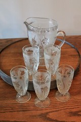 Jeannette Glass Depression Iris & Herringbone Pitcher & 6 Footed Tumbler Glasses