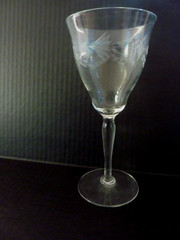 VINTAGE CLEAR ETCHED WINE GLASS FLORAL LEAF PATTERN 7 3/4″ TALL
