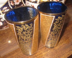 Bohemian Moser Type Hand Enameled Floral & Gold Scrollwork Cobalt Glasses
