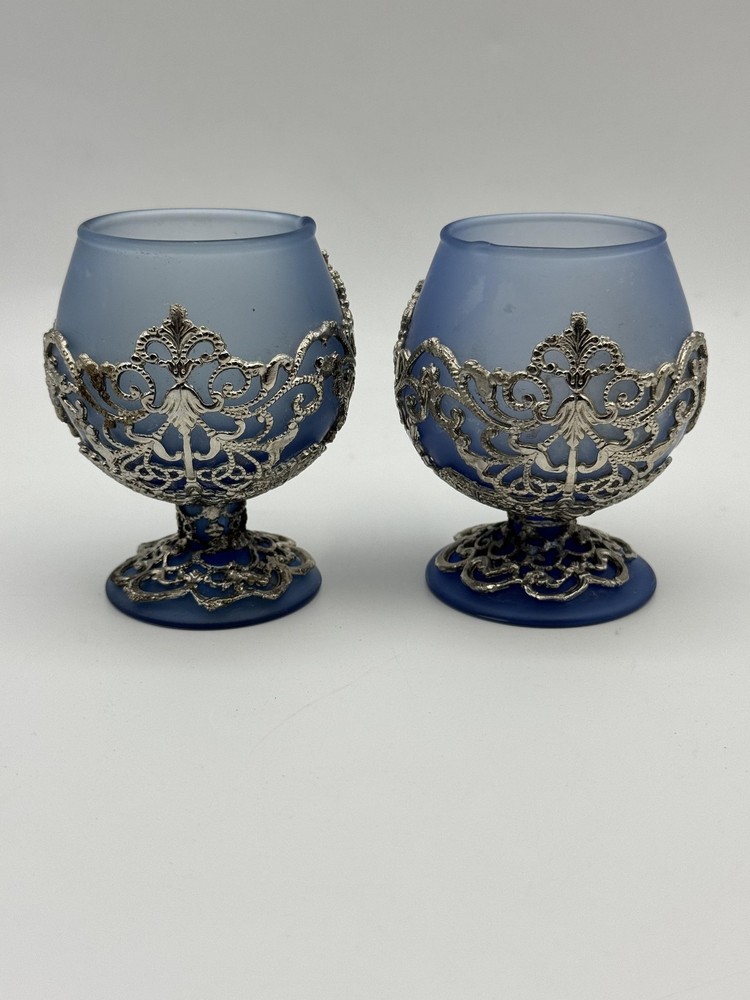 Brandy Pair Blue Satin Finish Silver Tone Filigree Overlay Short Stem 2.75″ Tall