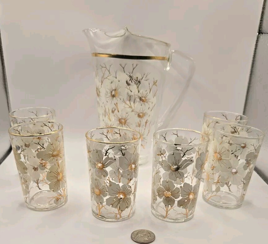 VTG 1 Pitcher 6 Glasses White Cherry Blossom Gold Trim Tree Branches Hand Blown
