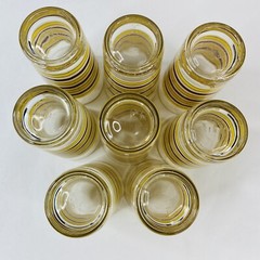 Set of 8 Vintage Tumblers Glasses Amber Glass Red Yellow Stripe