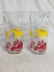 Vintage Red Green Yellow Antique Cars Automobiles Drinking Glass 6″ EUC Set Of 2