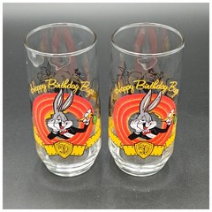 Vintage Warner Bros Bugs Bunny 50th Birthday Highball Glasses Set 2 Multi 1990