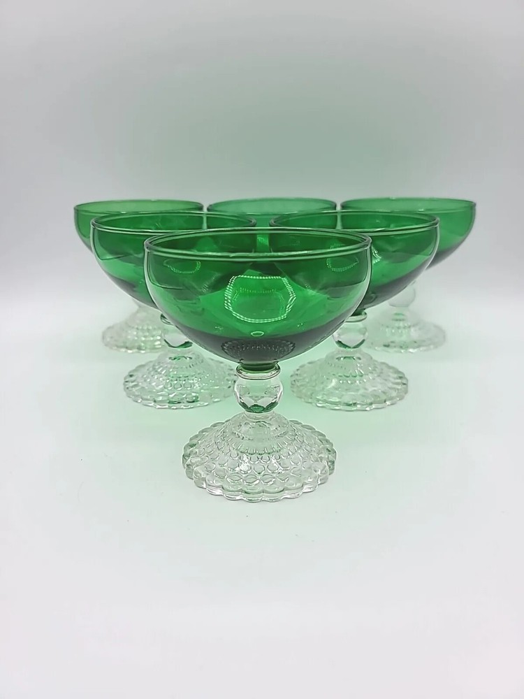 6 Vtg Anchor Hocking Bubble Foot Boopie Green Champagne/Tall Sherbet Glasses