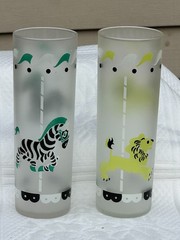 Vtg. Set of 2, 50’s- 7″ Libbey Frosted Lion & Zebra Carousel Collins/Tea Glasses