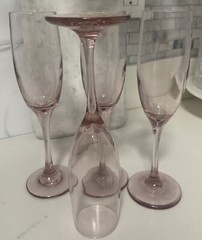 (4) Libbey Premiere Pink Rose Glass Fluted Champagne Glasses 8 1/2» Vintage