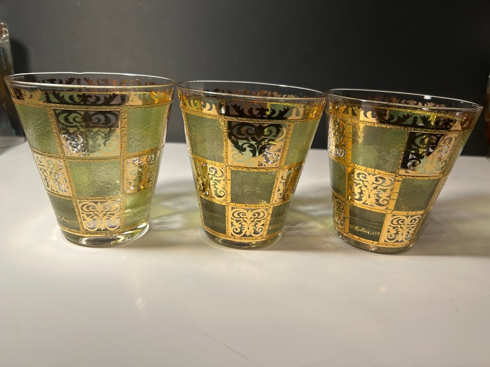 Vintage 3 MCM Gold Overlay Rocks Glasses Hollywood Regency Culver Barware (31)