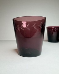 Vintage MCM Amethyst Glass Tumblers Hand Etched Botanical Leaf Pattern Set
