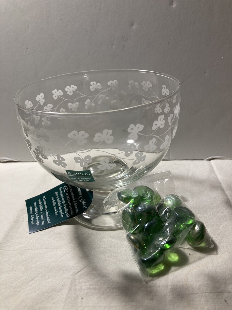 Crystal Claddagh Crystal Hand Clover Etched Glass Candle Bowl With Glass Beads