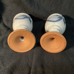 Pair Studio Pottery, 6-1/2″ Tall Redware Goblets with Grey Glaze and Blue Leaves