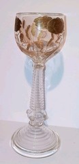 Antique Moser Goblet Gold Enameled Waterlilies Cattails Chalice Hand Blown Glass