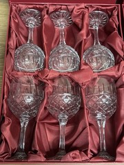 Set Of 12 Crystal Hand Cut Wine Glasses Drape Cut Made In Poland 7”H Boxed