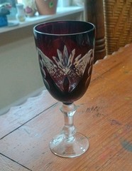 Vintage Bohemian Ruby Cut To Clear Crystal Sherry Glass Red 51/2″ Tall 3.6 oz