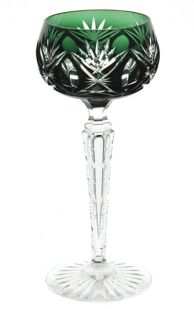 Val St Lambert Emerald Green Cut to Clear Crystal Wine Goblet 7 3/4″ Vintage