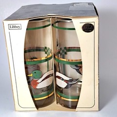 4 Vtg Libbey Mallard Duck Decoy Crystal 22K GOLD Trim Tumblers Glasses Bar 15oz