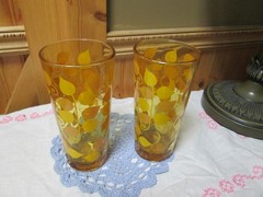 Set Of 2 Vintage Libbey Amber Orange Glass Tumblers Glasses Fall Leaves Retro