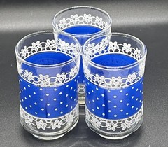 Vintage Libby Blue And White Polka-dot Lace Juice Glass Set Of 3.