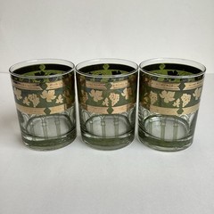Vintage Cera Double Old Fashioned Glasses 3 Gold Green Grapevine Column Cocktail