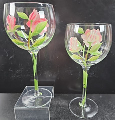 2 Block Vintage Rose Balloon Wine Glasses Mix Set Floral Hand Painted Flower Lot