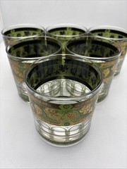 Vtg Set of (6) MCM Cera Green Golden Grapes & Columns Old Fashion Glasses 3 3/8”