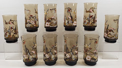 10) Yvette Perrin Dogwood Tumblers Set Vintage Smoke Brown Bird Floral Retro Lot