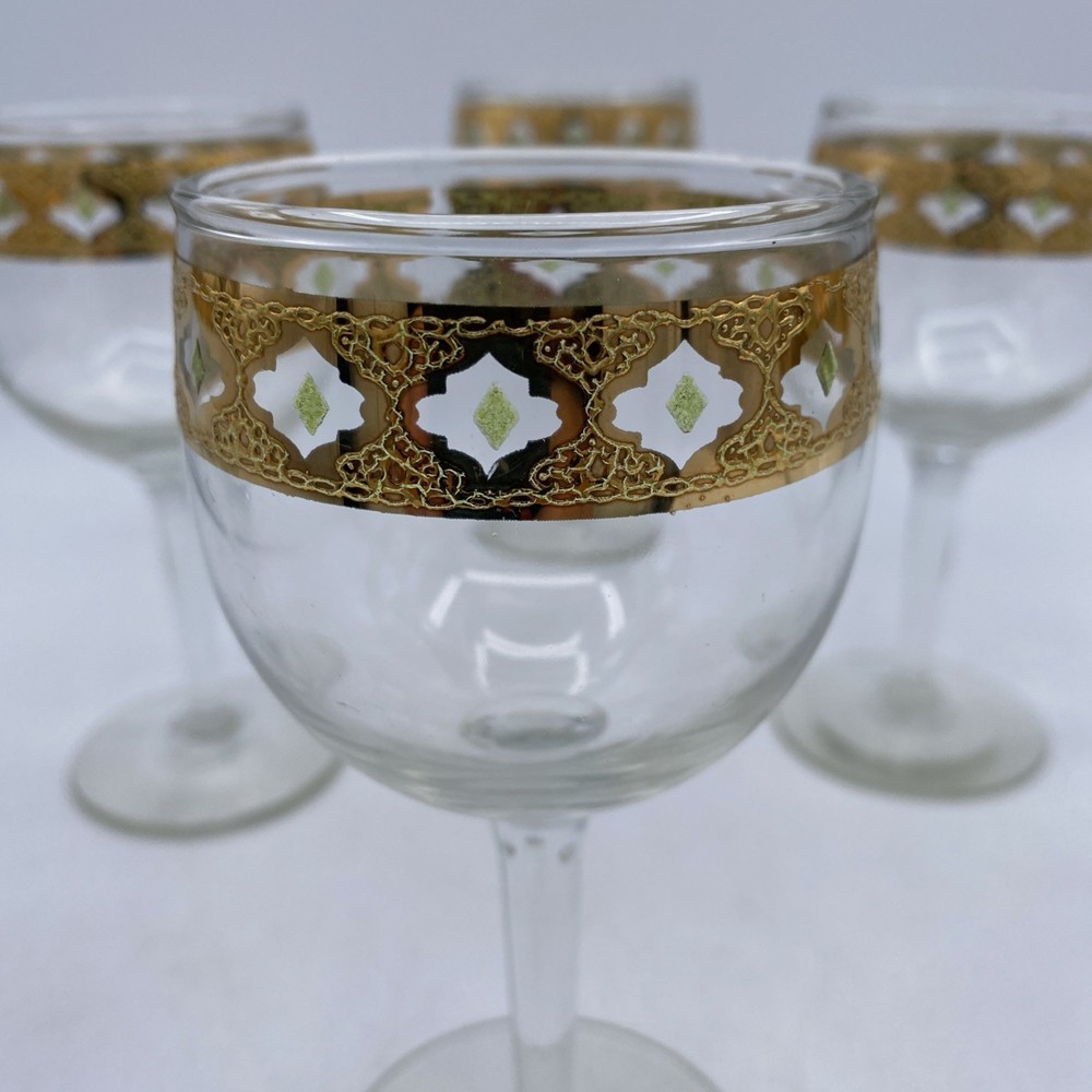 Set 8 Vintage Blown Glass Culver Antiqua Ornate 22K Gold Band 6″ Wine Glasses