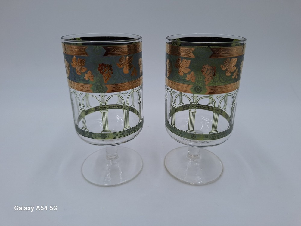 Vintage Cera Glass Cora Water Goblets Grecian Gold 22K Green Grapes Set of 2