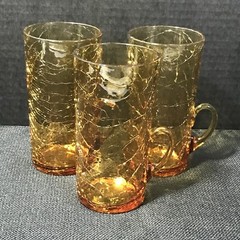 Frye Amber Vasoline Craquele Crackle Glass Lemonade Tumbler Vintage Set 3