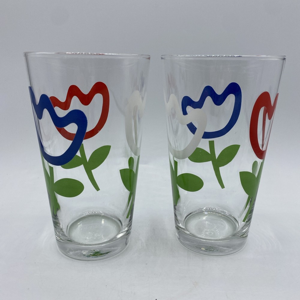 Libbey 1970’s Tulip Matisse Flower Glasses Tumblers Set Of 2 Vintage