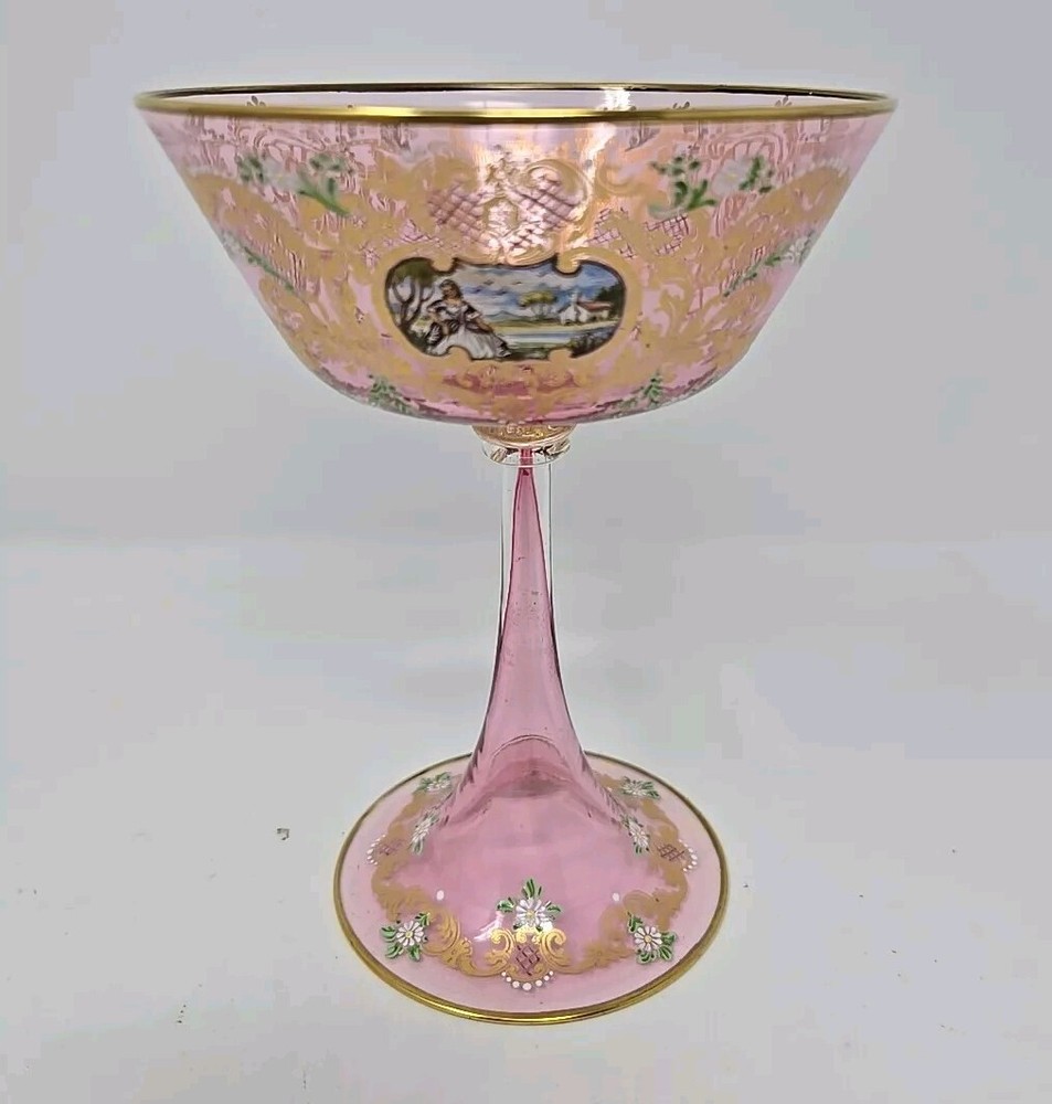 Venetian Enameled Figural Landscape Scene Pink Champagne / Sherbert Glass 6″ #5